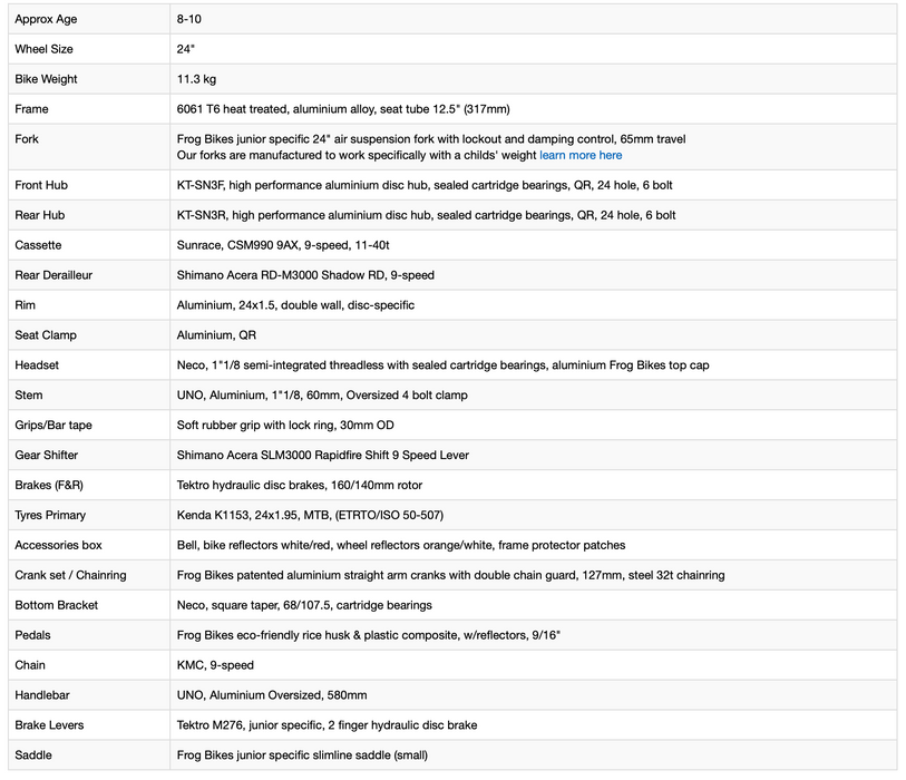 Frog bike hotsell size chart